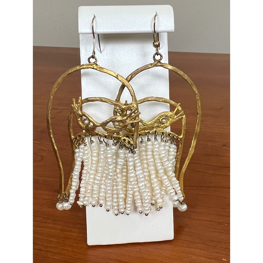 Artisan Hammered Gold Santa Seed Pearl Fringe Statement Drop Earrings Boho
